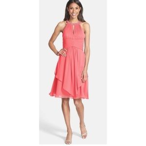 Eliza J Pink Embellished Neck Layered Chiffon Dress
